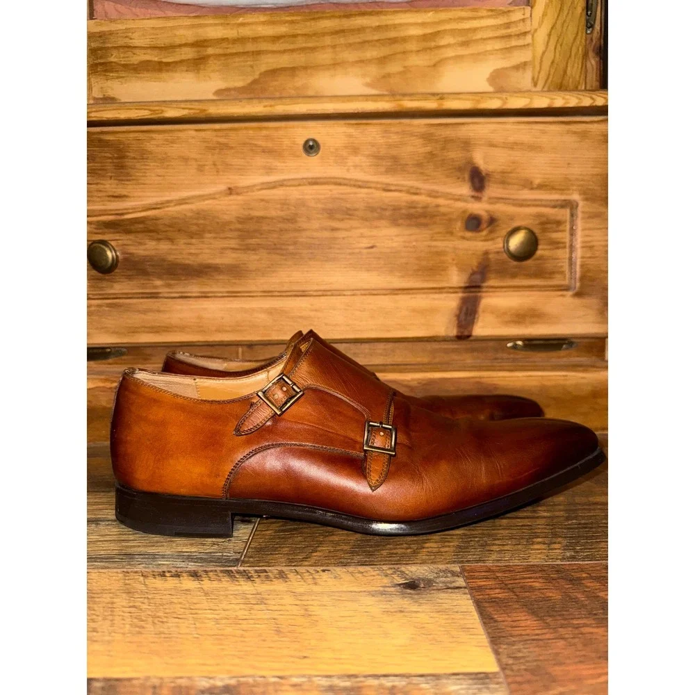 Magnanni Men 10.5 M Brown Leather Double Monk Strap Dress Shoes 19737